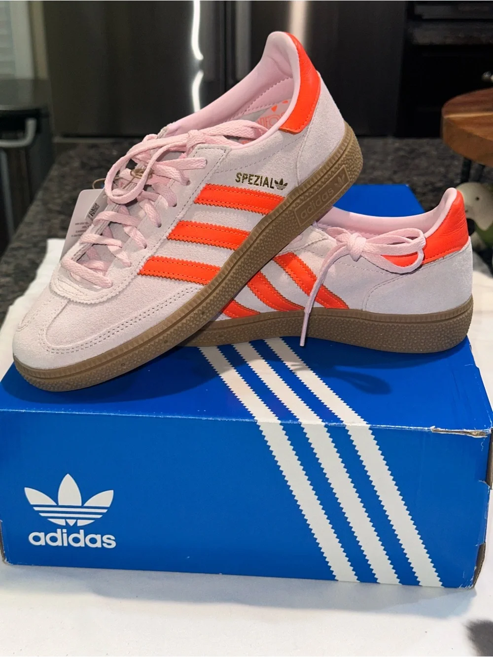adidas Women’s Suede Sneakers in Light Pink with Bright Orange Stripes - Picture 5 of 6